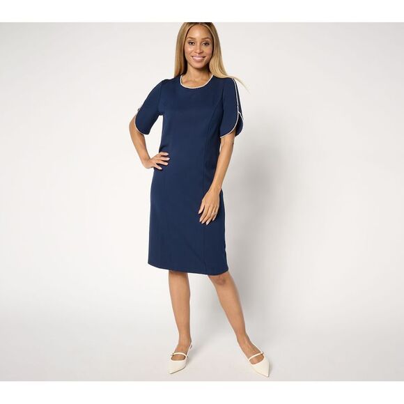 Susan Graver Women's Petite Dress PM Smart Ponte with Pearl Trim Blue A672500 - Picture 1 of 4